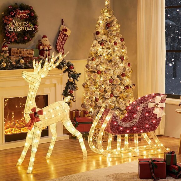 Other - New 4ft Pre-lit Reindeer & Sleigh Set with 360 LED Lights for Christmas Decor